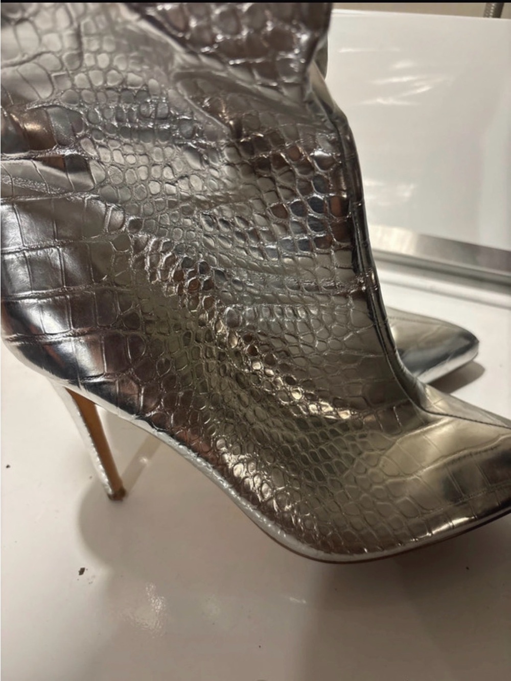 Metallic Silver Croc-Embossed Stiletto Ankle Boots